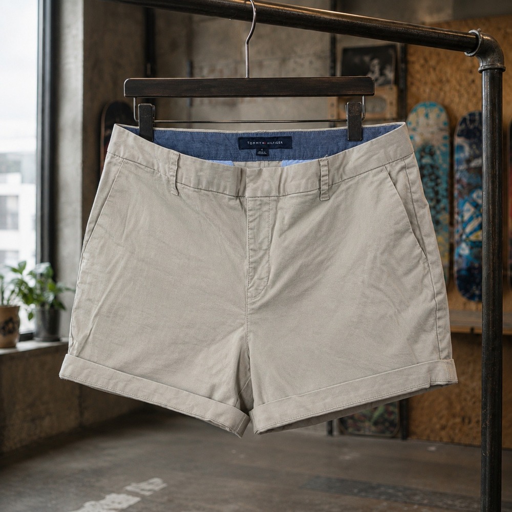 Tommy‎ Hilfiger Chino Shorts Womens 12 Tan Khaki Cotton Stretch Cuffed Casual